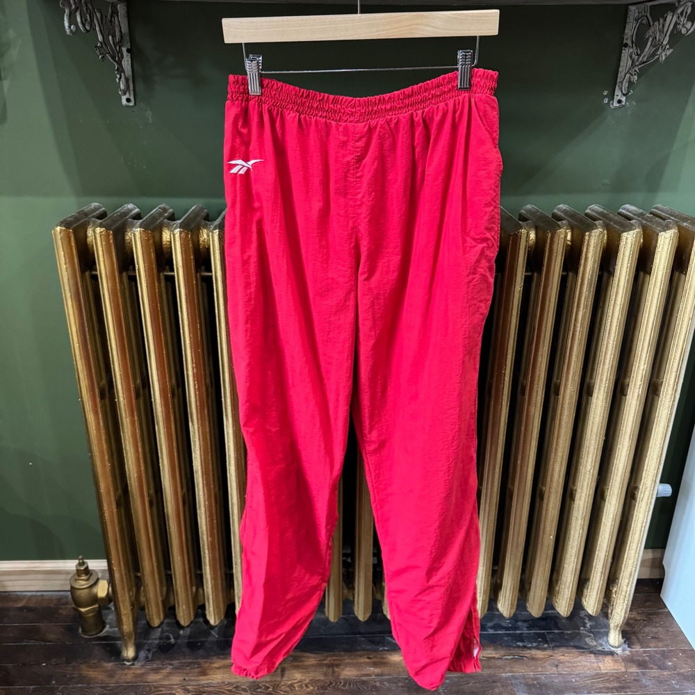 Vintage Reebok Red Nylon Track Pants Joggers Elastic‎ Waist Logo Athletic Size L